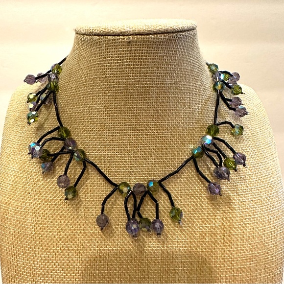 Glass Crystal bead necklace marked DOL, Black bead chain, green & blue crystals - Picture 4 of 14